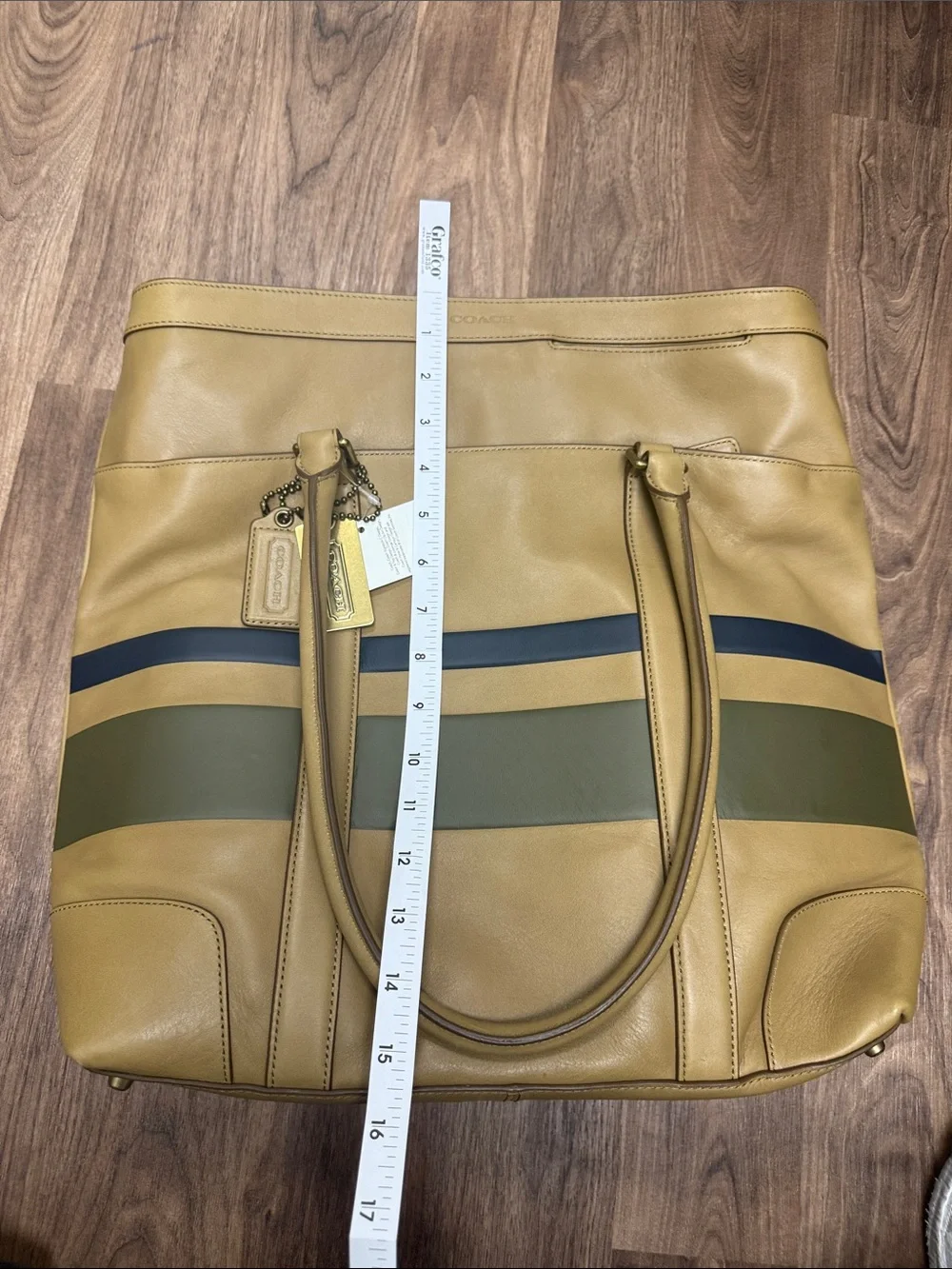 Coach Bleeker Tan Leather XL Striped Tote with Green and Blue Stripes